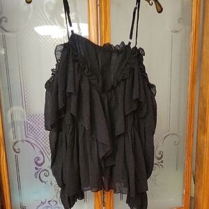 Ruffled Black Chiffon Spaghetti Strap Bare Shoulder Top Brand New